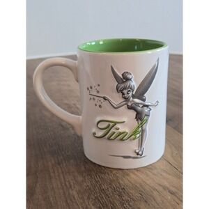 Disney Parks Tinker Bell Tink Raised Relief Ceramic Coffee Mug White Green 16 OZ